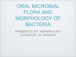 ORAL MICROBIAL
FLORA AND
MORPHOLOGY OF
BACTERIA
PRESENTED BY: ASHWINI AJAY
GUIDED BY: Dr. RAMESH
 