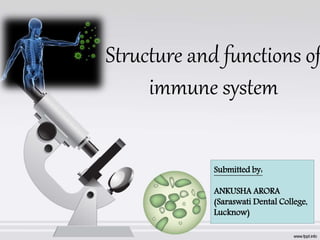 Structure and functions of
immune system
Submitted by:
ANKUSHA ARORA
(Saraswati Dental College,
Lucknow)
 