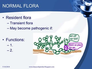 NORMAL FLORA
• Resident flora
– Transient flora
– May become pathogenic if:
• Functions:
– 1.
– 2.
5/18/2018 11www.drjayeshpatidar.blogspot.com
 