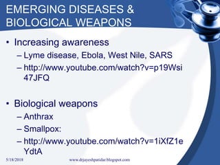 EMERGING DISEASES &
BIOLOGICAL WEAPONS
• Increasing awareness
– Lyme disease, Ebola, West Nile, SARS
– http://www.youtube.com/watch?v=p19Wsi
47JFQ
• Biological weapons
– Anthrax
– Smallpox:
– http://www.youtube.com/watch?v=1iXfZ1e
YdtA
5/18/2018 23www.drjayeshpatidar.blogspot.com
 