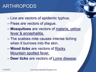ARTHROPODS
– Lice are vectors of epidemic typhus.
– Fleas are vectors of plague.
– Mosquitoes are vectors of malaria, yellow
fever & encephalitis.
– The scabies mite causes intense itching
when it burrows into the skin.
– Wood ticks are vectors of Rocky
Mountain spotted fever.
– Deer ticks are vectors of Lyme disease.
5/18/2018 43www.drjayeshpatidar.blogspot.com
 