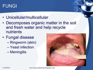 FUNGI
• Unicellular/multicellular
• Decomposes organic matter in the soil
and fresh water and help recycle
nutrients
• Fungal disease
– Ringworm (skin)
– Yeast infection
– Meningitis
5/18/2018 7www.drjayeshpatidar.blogspot.com
 