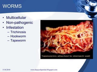 WORMS
• Multicellular
• Non-pathogenic
• Infestation
– Trichinosis
– Hookworm
– Tapeworm
5/18/2018 8www.drjayeshpatidar.blogspot.com
 