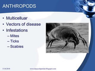 ANTHROPODS
• Multicelluar
• Vectors of disease
• Infestations
– Mites
– Ticks
– Scabies
5/18/2018 9www.drjayeshpatidar.blogspot.com
 
