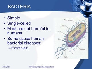 BACTERIA
• Simple
• Single-celled
• Most are not harmful to
humans
• Some cause human
bacterial diseases:
– Examples:
5/18...