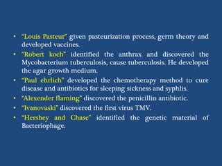 • “Louis Pasteur” given pasteurization process, germ theory and
developed vaccines.
• “Robert koch” identified the anthrax and discovered the
Mycobacterium tuberculosis, cause tuberculosis. He developed
the agar growth medium.
• “Paul ehrlich” developed the chemotherapy method to cure
disease and antibiotics for sleeping sickness and syphlis.
• “Alexender flaming” discovered the penicillin antibiotic.
• “Ivanovaski” discovered the first virus TMV.
• “Hershey and Chase” identified the genetic material of
Bacteriophage.
 