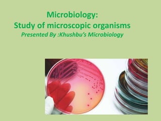 Microbiology:
Study of microscopic organisms
Presented By :Khushbu’s Microbiology
 