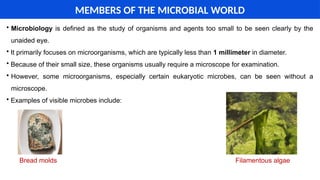 MEMBERS OF THE MICROBIAL WORLD
• Microbiology is defined as the study of organisms and agents too small to be seen clearly by the
unaided eye.
• It primarily focuses on microorganisms, which are typically less than 1 millimeter in diameter.
• Because of their small size, these organisms usually require a microscope for examination.
• However, some microorganisms, especially certain eukaryotic microbes, can be seen without a
microscope.
• Examples of visible microbes include:
Bread molds Filamentous algae
 