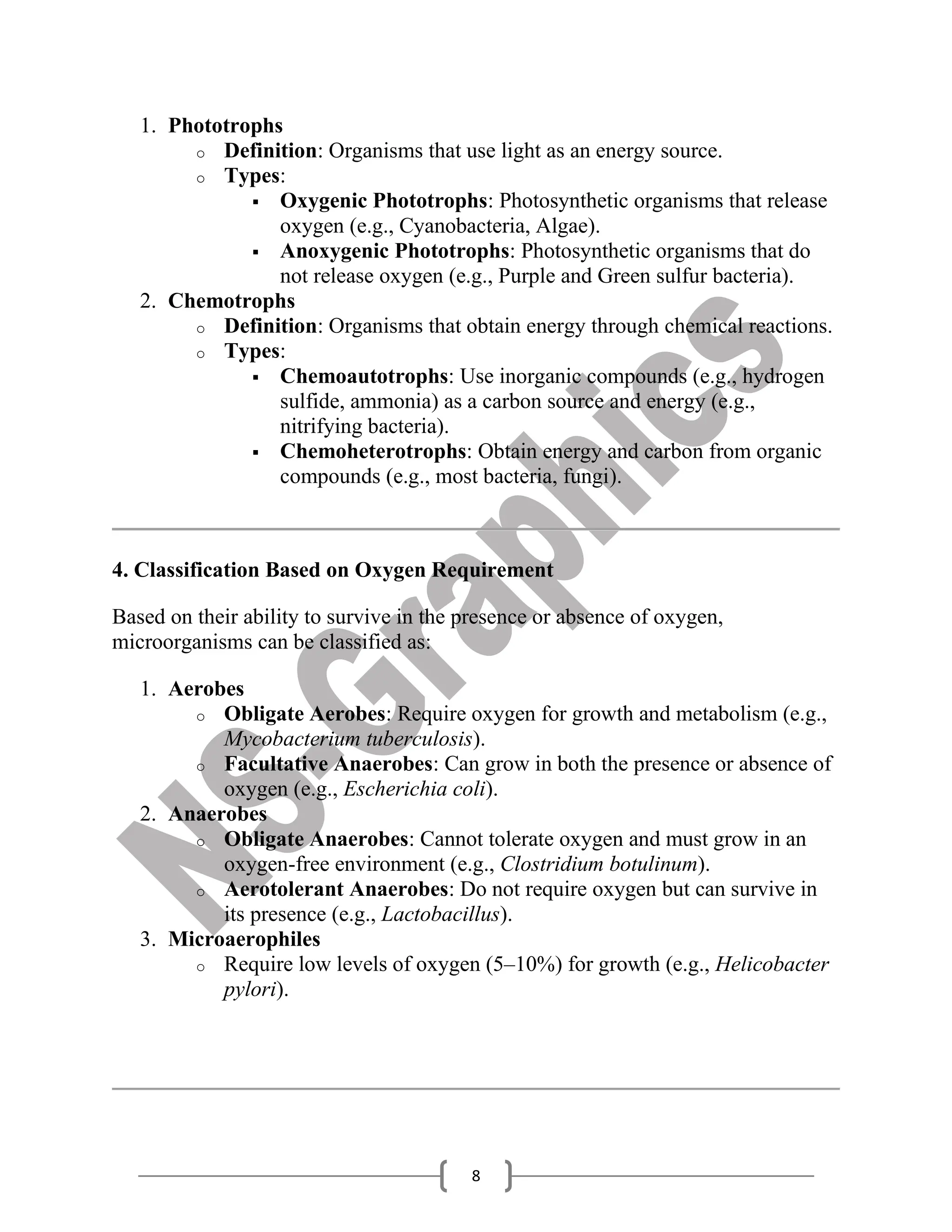 8
1. Phototrophs
o Definition: Organisms that use light as an energy source.
o Types:
▪ Oxygenic Phototrophs: Photosynthetic organisms that release
oxygen (e.g., Cyanobacteria, Algae).
▪ Anoxygenic Phototrophs: Photosynthetic organisms that do
not release oxygen (e.g., Purple and Green sulfur bacteria).
2. Chemotrophs
o Definition: Organisms that obtain energy through chemical reactions.
o Types:
▪ Chemoautotrophs: Use inorganic compounds (e.g., hydrogen
sulfide, ammonia) as a carbon source and energy (e.g.,
nitrifying bacteria).
▪ Chemoheterotrophs: Obtain energy and carbon from organic
compounds (e.g., most bacteria, fungi).
4. Classification Based on Oxygen Requirement
Based on their ability to survive in the presence or absence of oxygen,
microorganisms can be classified as:
1. Aerobes
o Obligate Aerobes: Require oxygen for growth and metabolism (e.g.,
Mycobacterium tuberculosis).
o Facultative Anaerobes: Can grow in both the presence or absence of
oxygen (e.g., Escherichia coli).
2. Anaerobes
o Obligate Anaerobes: Cannot tolerate oxygen and must grow in an
oxygen-free environment (e.g., Clostridium botulinum).
o Aerotolerant Anaerobes: Do not require oxygen but can survive in
its presence (e.g., Lactobacillus).
3. Microaerophiles
o Require low levels of oxygen (5–10%) for growth (e.g., Helicobacter
pylori).
 