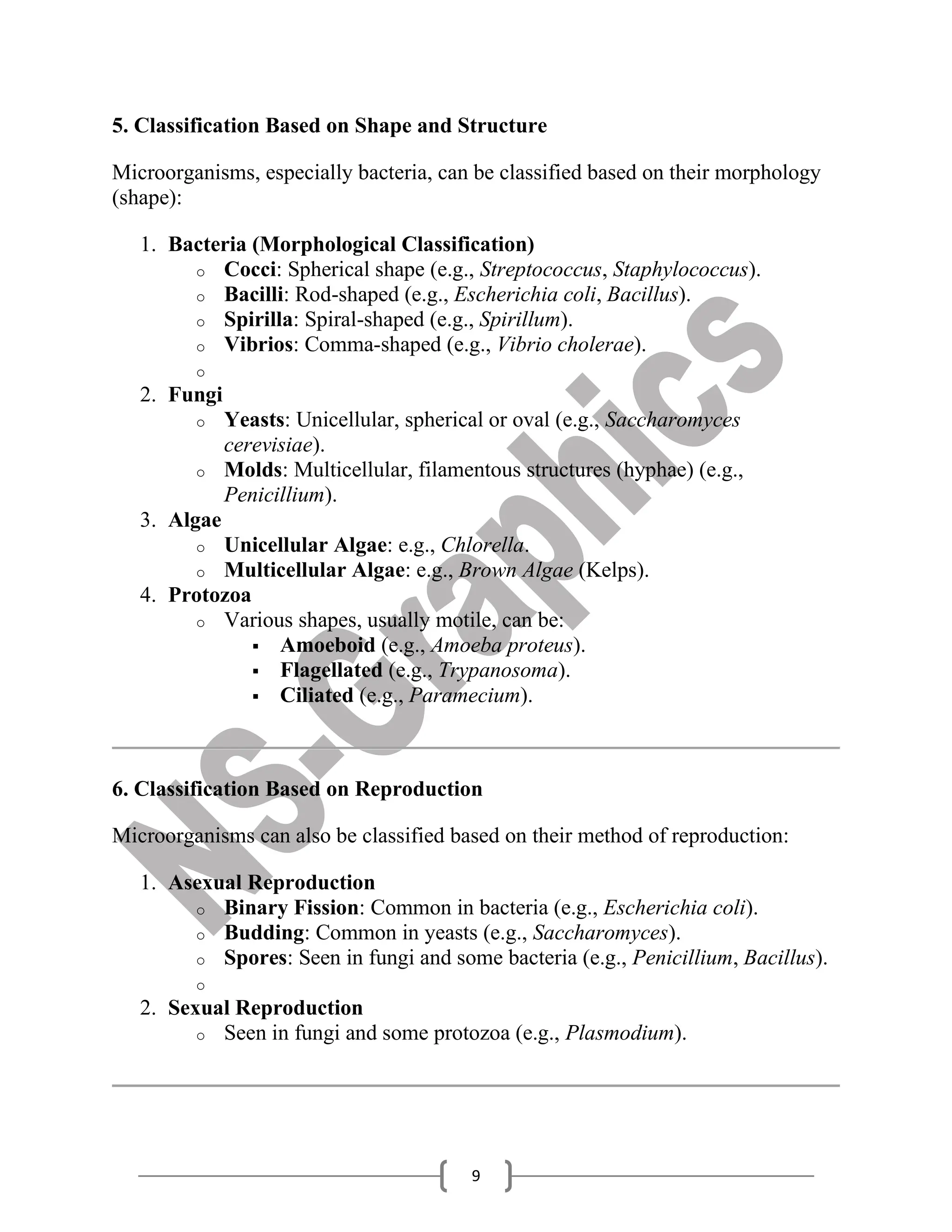 9
5. Classification Based on Shape and Structure
Microorganisms, especially bacteria, can be classified based on their morphology
(shape):
1. Bacteria (Morphological Classification)
o Cocci: Spherical shape (e.g., Streptococcus, Staphylococcus).
o Bacilli: Rod-shaped (e.g., Escherichia coli, Bacillus).
o Spirilla: Spiral-shaped (e.g., Spirillum).
o Vibrios: Comma-shaped (e.g., Vibrio cholerae).
o
2. Fungi
o Yeasts: Unicellular, spherical or oval (e.g., Saccharomyces
cerevisiae).
o Molds: Multicellular, filamentous structures (hyphae) (e.g.,
Penicillium).
3. Algae
o Unicellular Algae: e.g., Chlorella.
o Multicellular Algae: e.g., Brown Algae (Kelps).
4. Protozoa
o Various shapes, usually motile, can be:
▪ Amoeboid (e.g., Amoeba proteus).
▪ Flagellated (e.g., Trypanosoma).
▪ Ciliated (e.g., Paramecium).
6. Classification Based on Reproduction
Microorganisms can also be classified based on their method of reproduction:
1. Asexual Reproduction
o Binary Fission: Common in bacteria (e.g., Escherichia coli).
o Budding: Common in yeasts (e.g., Saccharomyces).
o Spores: Seen in fungi and some bacteria (e.g., Penicillium, Bacillus).
o
2. Sexual Reproduction
o Seen in fungi and some protozoa (e.g., Plasmodium).
 