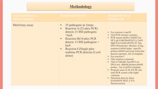 Methodology
EXPERIMENTAL
PROCEDURES
REQUIREMENTS POROTOCOL &
PROGRAM
MeltArray assay • 35 pathogens in 3steps.
• Reaction A (22-plex PCR)
detects 21 BSI pathogens
+lac8.
• Reaction B(14-plex PCR
detects 13 BSI pathogens +
lac8.
• Reaction C(Single-plex
realtime PCR detectss E.coli
alone)
• For reaction A and B
• 25ul PCR mixture contains:
• PCR master buffer (10mM Tris-
HCL,ph 8.0&50mM KCL),7mM
MgCl2,0.25mM dNTPs,3U Taq
DNA Polymerase ,Mixture of tag-
sequence-tailed target –specific
primers,40nM universal molecular
beacon reporters ,5ul of template.
• For reaction C
• 20ul solution contained
• 10ul of TaKaRa Taq HD Low
DNA mix ,400nM primers,60nM
probes , 5ul of gDNA template.
• Program same as SLAN 96 real-
time PCR system with slight
variation.
• Detection done by these
(FAM,ROX HEX ,CY5)
fluorescencien.
 