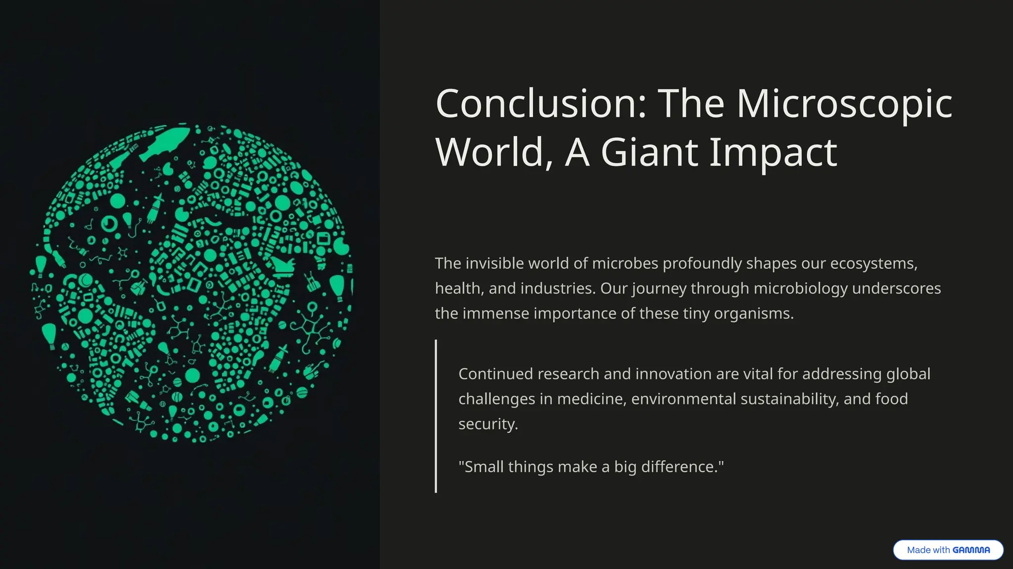 Conclusion: The Microscopic
World, A Giant Impact
The invisible world of microbes profoundly shapes our ecosystems,
health, and industries. Our journey through microbiology underscores
the immense importance of these tiny organisms.
Continued research and innovation are vital for addressing global
challenges in medicine, environmental sustainability, and food
security.
"Small things make a big difference."
 