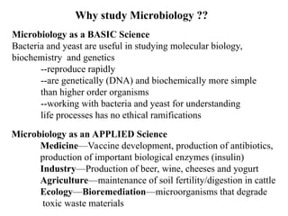 Why study Microbiology ??
Microbiology as a BASIC Science
Bacteria and yeast are useful in studying molecular biology,
biochemistry and genetics
--reproduce rapidly
--are genetically (DNA) and biochemically more simple
than higher order organisms
--working with bacteria and yeast for understanding
life processes has no ethical ramifications
Microbiology as an APPLIED Science
Medicine—Vaccine development, production of antibiotics,
production of important biological enzymes (insulin)
Industry—Production of beer, wine, cheeses and yogurt
Agriculture—maintenance of soil fertility/digestion in cattle
Ecology—Bioremediation—microorganisms that degrade
toxic waste materials
 