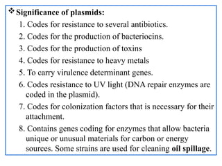 Significance of plasmids:
1. Codes for resistance to several antibiotics.
2. Codes for the production of bacteriocins.
3. Codes for the production of toxins
4. Codes for resistance to heavy metals
5. To carry virulence determinant genes.
6. Codes resistance to UV light (DNA repair enzymes are
coded in the plasmid).
7. Codes for colonization factors that is necessary for their
attachment.
8. Contains genes coding for enzymes that allow bacteria
unique or unusual materials for carbon or energy
sources. Some strains are used for cleaning oil spillage.
 