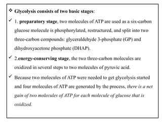  Glycolysis consists of two basic stages:
 1. preparatory stage, two molecules of ATP are used as a six-carbon
glucose molecule is phosphorylated, restructured, and split into two
three-carbon compounds: glyceraldehyde 3-phosphate (GP) and
dihydroxyacetone phosphate (DHAP).
 2.energy-conserving stage, the two three-carbon molecules are
oxidized in several steps to two molecules of pyruvic acid.
 Because two molecules of ATP were needed to get glycolysis started
and four molecules of ATP are generated by the process, there is a net
gain of two molecules of ATP for each molecule of glucose that is
oxidized.
 