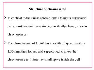 Structure of chromosome
 In contrast to the linear chromosomes found in eukaryotic
cells, most bacteria have single, covalently closed, circular
chromosomes.
 The chromosome of E coli has a length of approximately
1.35 mm, then looped and supercoiled to allow the
chromosome to fit into the small space inside the cell.
 