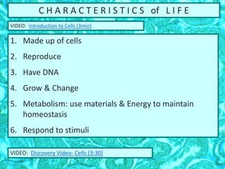 C H A R A C T E R I S T I C S of L I F E
1. Made up of cells
2. Reproduce
3. Have DNA
4. Grow & Change
5. Metabolism: use materials & Energy to maintain
homeostasis
6. Respond to stimuli
VIDEO: Introduction to Cells (3min)
VIDEO: Discovery Video- Cells (3:30)
 