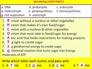 39
1. organism without a nucleus or other organelles
2. organism that makes it’s own food/sugar
3. organism with a nucleus & other organelles
4. organism that must take in food/sugar for energy
5. nucleic acid that holds instructions for making proteins
6. using light to create sugar
7. using geothermal energy to create sugar
8. the chemical reaction that turns sugar into Energy
molecules of ATP
Microbiology 1UNIT CHECK 2
a. DNA b. prokaryote c. eukaryote
d. heterotroph e. photosynthesis f. chemosynthesis
g. cell respiration h. autotroph
A
Write which letter each nucleic acid pairs with:
1. Adenine 2. Cytosine 3. Guanine 4. Thymine
B
C
D
E
F
G
H
T G C A
 