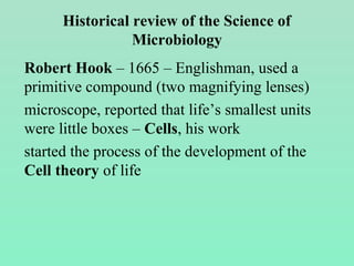 Historical review of the Science of
Microbiology
Robert Hook – 1665 – Englishman, used a
primitive compound (two magnifying lenses)
microscope, reported that life’s smallest units
were little boxes – Cells, his work
started the process of the development of the
Cell theory of life
 