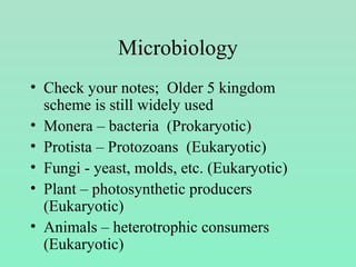Microbiology
• Check your notes; Older 5 kingdom
scheme is still widely used
• Monera – bacteria (Prokaryotic)
• Protista – Protozoans (Eukaryotic)
• Fungi - yeast, molds, etc. (Eukaryotic)
• Plant – photosynthetic producers
(Eukaryotic)
• Animals – heterotrophic consumers
(Eukaryotic)
 