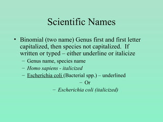 Scientific Names
• Binomial (two name) Genus first and first letter
capitalized, then species not capitalized. If
written or typed – either underline or italicize
– Genus name, species name
– Homo sapiens - italicized
– Escherichia coli (Bacterial spp.) – underlined
– Or
– Escherichia coli (italicized)
 
