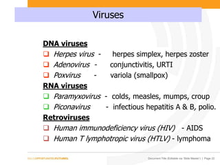 Document Title (Editable via ‘Slide Master’) | Page 22
Viruses
DNA viruses
 Herpes virus - herpes simplex, herpes zoster
 Adenovirus - conjunctivitis, URTI
 Poxvirus - variola (smallpox)
RNA viruses
 Paramyxovirus - colds, measles, mumps, croup
 Piconavirus - infectious hepatitis A & B, polio.
Retroviruses
 Human immunodeficiency virus (HIV) - AIDS
 Human T lymphotropic virus (HTLV) - lymphoma
 