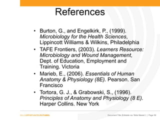Document Title (Editable via ‘Slide Master’) | Page 59
References
• Burton, G., and Engelkirk, P., (1999).
Microbiology for the Health Sciences,
Lippincott Williams & Wilkins, Philadelphia
• TAFE Frontiers, (2003). Learners Resource:
Microbiology and Wound Management,
Dept. of Education, Employment and
Training. Victoria
• Marieb, E., (2006). Essentials of Human
Anatomy & Physiology (8E). Pearson. San
Francisco
• Tortora, G. J., & Grabowski, S., (1996).
Principles of Anatomy and Physiology (8 E).
Harper Collins. New York
 