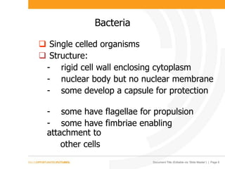 Document Title (Editable via ‘Slide Master’) | Page 6
Bacteria
 Single celled organisms
 Structure:
- rigid cell wall enclosing cytoplasm
- nuclear body but no nuclear membrane
- some develop a capsule for protection
- some have flagellae for propulsion
- some have fimbriae enabling
attachment to
other cells
 