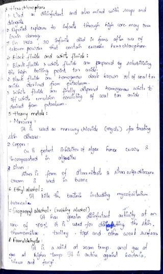 3exa Ch lovo phin
Ud a discdant and oluo mfwd with Soapr ond
Aptud tzplaune to iont tmough high conc. may
Enon clornt
3So 192 30 infad
takeum ouwdn that contoin UxtseKu
Elark fluds ond it fluid
tau
olid to anc aft uu of
huxa chlrophn
Blac fluiu suhtt fhid 0 por«o 6y Aolutilizin
Eotling pont to acd
Blak flufde one homoqenou dok 6aown w of coaltor
atfds duarvd pom petioluun
lhrt fluids
off wht emulion
dwived om petoolum
5 tleavy mdau:
Mencny
St wd a meruny chlonide Cthg cls fo torafing
Ath dlfa
irlly olipeied homogtnau whtte tb
confrihg acoa t aid
9Coppt:
potnm
incoposated in
lun
Ailvn
hnte
Cu& pott nhitto of alga Cu&O
fen of lv nidot lvn cuHadlazuu
o buan
(eam d
6Ethylolohol:
Gt l balna inchudng mycobaclnum
tubetule
Siropropy alwhol: (autélng altohol)
t has pealtn ouiofutaot
afivty at an
CO
Con 40 t ed fo dåjofufing th ski,
thysmomiu taolley top andothn wo &ufate
8Fomuldehycls
t iaald art200m temp onol 9a4 at
highu tmp T autiu a9aint bartaia
tn
a Aolfd
iw nd
 