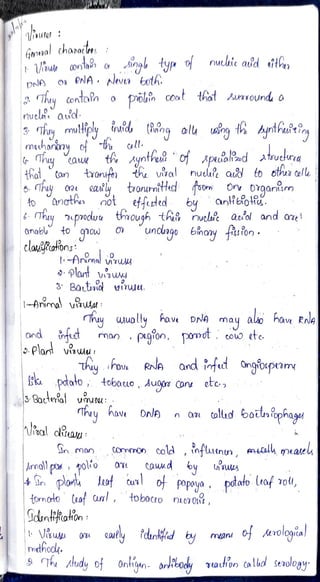 ameaol th02aes
Vinu onta o singl typ o nucaic add eit
pNA o NA Nevua both
Thuy Contaln o poin cot that Auround o
3 Thuy mulkiply intid Rurn olu urg hAyntfauti
nucl aud
meharny of call.
ray ta th Aynthut of peualzd atruelra
that Can tronf th vsal nud auo to othuiollk
thad
6. Thy 0e ay tronurnitted foo Ov Drganiim
o nothn
4 huy
effded by anHeiotid.
n0t
6
Thy produu thmough thii nuclie au'dl and aze
anabu to qpo
claiRations
-Animal ru
lant viswy
3 Batinio vruu.
undungo b'nany uon
-Arima viukat
Tuy uolty have DNA may alo have RnA
and t manPAgron poot. couo ete
Pla virulu
Thyou Rrle and inft Ongioxpeamy
paato tobauo , Auoor Con etc
Bacteral uusa
They have DnlA n 0 olld botu»iophage
Inmon Conmmon cold, nfutnun, mttal, meaelu
Condby
Arnallpox polio 0
4 n plonu lof Cur oPopoya potafo luaf od,
tornodo (af unl toboceo nLODOs
dantifiotion
Viu 0
mdhoo.
9 Th Aludy of Onftqn anibody 7ation alld seaology
utly dunkd by mans ourologia
 