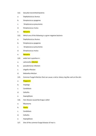 112. Sexually transmitted bacteria
a. Staphylococcus Aureus
b. Streptococcus pyogenes
c. Streptococcus pneumonia
d. Streptococcus mutus
e. Neisseria
113. Which one of the following is a gram negative bacteria
a. Staphylococcus Aureus
b. Streptococcus pyogenes
c. Streptococcus pneumonia
d. Streptococcus mutus
e. Neisseria
114. widal test is positive in:
a. salmonella infection
b. pseudomonas infection
c. shigella infection
d. klebsiella infection
115. Common fungal infection that can cause a red or silvery ring like rash on the skin
a. Ringworm
b. Impetigo
c. Candidiasis
d. Cellulitis
e. Aspergilloses
116. Hair disease caused by fungus called
a. Mycetoma
b. Piedra
c. Candidiasis
d. Cellulitis
e. Aspergilloses
117. One of the common fungal disease of man is
 