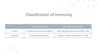 Humoral immunity Cell-mediated immunity
Innate Complement and neutrophils Macrophages and natural killer cells
Adaptive B cells and antibodies Helper T cells and cytotoxic T cells
Classification of immunity
 