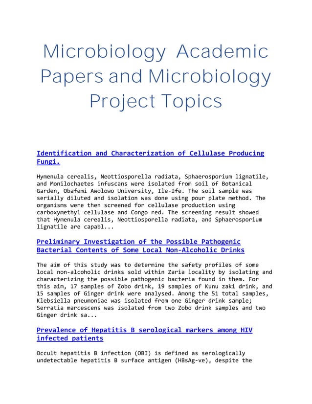 Microbiology academic papers and microbiology project topics PDF