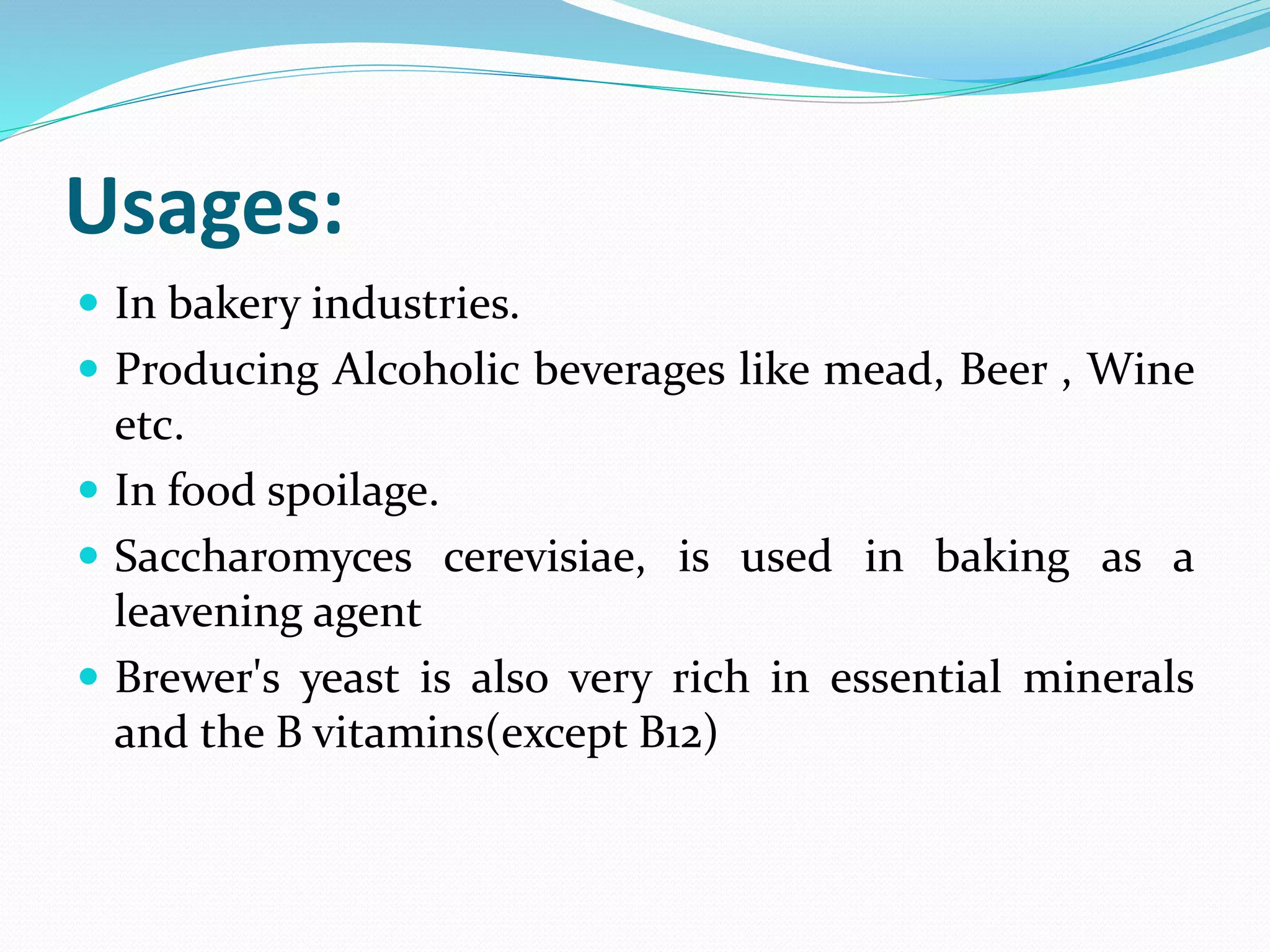 Usages:
 In bakery industries.
 Producing Alcoholic beverages like mead, Beer , Wine
etc.
 In food spoilage.
 Saccharomyces cerevisiae, is used in baking as a
leavening agent
 Brewer's yeast is also very rich in essential minerals
and the B vitamins(except B12)
 