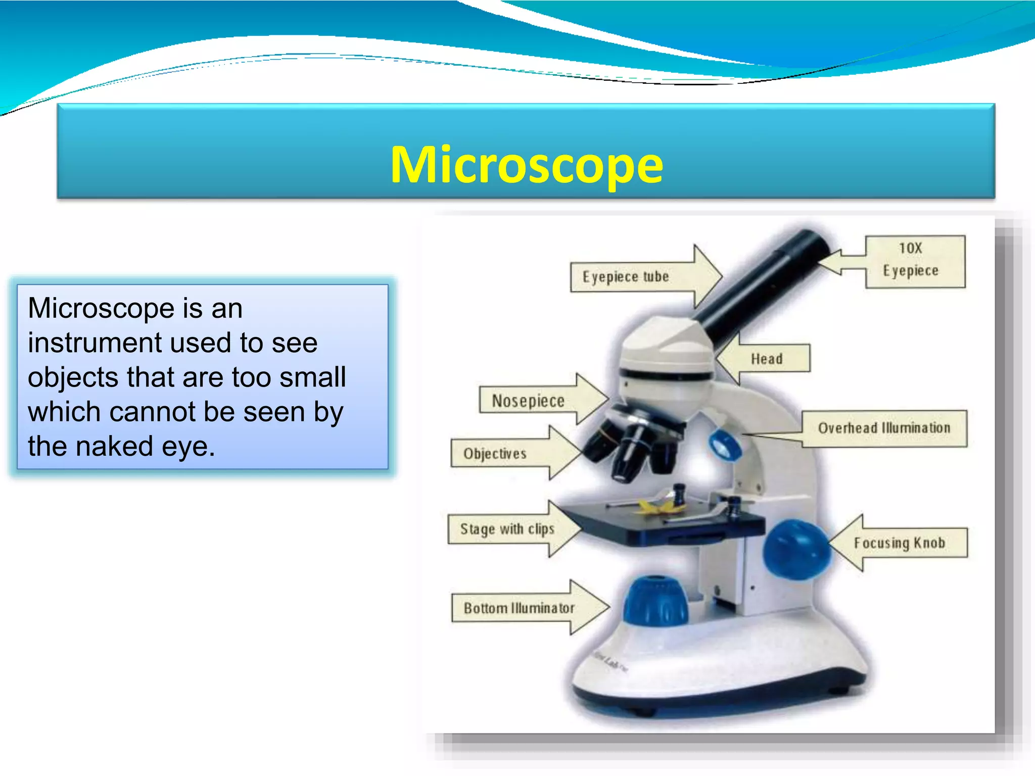 Microscope
Microscope is an
instrument used to see
objects that are too small
which cannot be seen by
the naked eye.
 