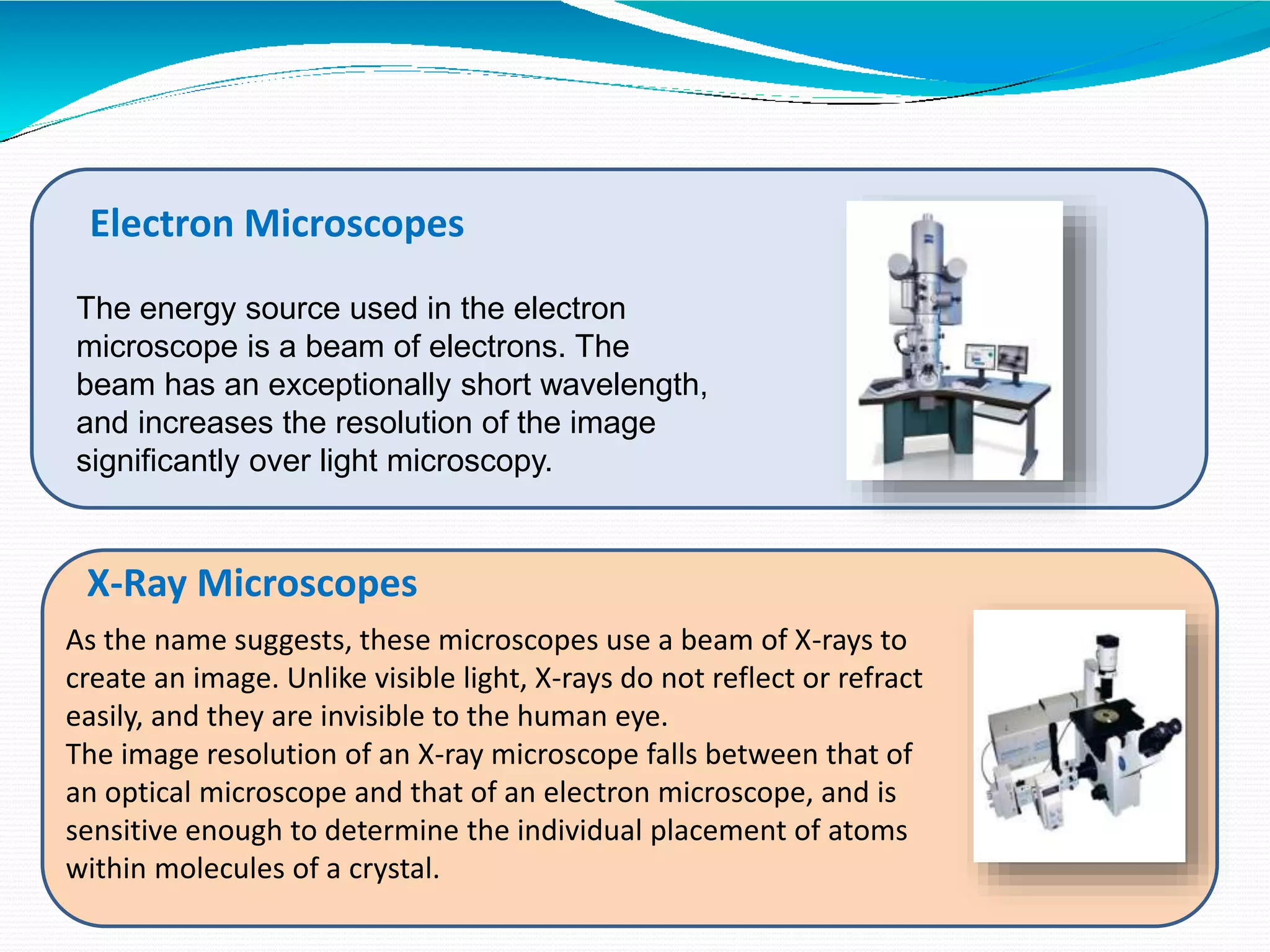 Electron Microscopes
The energy source used in the electron
microscope is a beam of electrons. The
beam has an exceptionally short wavelength,
and increases the resolution of the image
significantly over light microscopy.
X-Ray Microscopes
As the name suggests, these microscopes use a beam of X-rays to
create an image. Unlike visible light, X-rays do not reflect or refract
easily, and they are invisible to the human eye.
The image resolution of an X-ray microscope falls between that of
an optical microscope and that of an electron microscope, and is
sensitive enough to determine the individual placement of atoms
within molecules of a crystal.
 