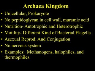 Archaea Kingdom Unicellular, Prokaryote No peptidoglycan in cell wall, muramic acid Nutrition- Autotrophic and Heterotrophic Motility- Different Kind of Bacterial Flagella Asexual Reprod. And Conjugation No nervous system Examples:  Methanogens, halophiles, and thermophiles 