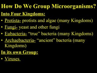 How Do We Group Microorganisms? Into Four Kingdoms: Protista-  protists and algae (many Kingdoms) Fungi-  yeast and other fungi Eubacteria-  “true” bacteria (many Kingdoms)  Archaebacteria-  “ancient” bacteria (many Kingdoms) In its own Group: Viruses  