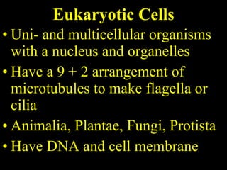 Eukaryotic Cells Uni- and multicellular organisms with a nucleus and organelles Have a 9 + 2 arrangement of microtubules to make flagella or cilia Animalia, Plantae, Fungi, Protista Have DNA and cell membrane 