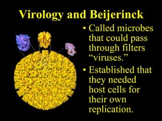 Virology and Beijerinck Called microbes that could pass through filters “viruses.” Established that they needed host cells for their own replication.  