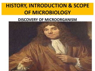 HISTORY, INTRODUCTION & SCOPE
OF MICROBIOLOGY
DISCOVERY OF MICROORGANISM
 