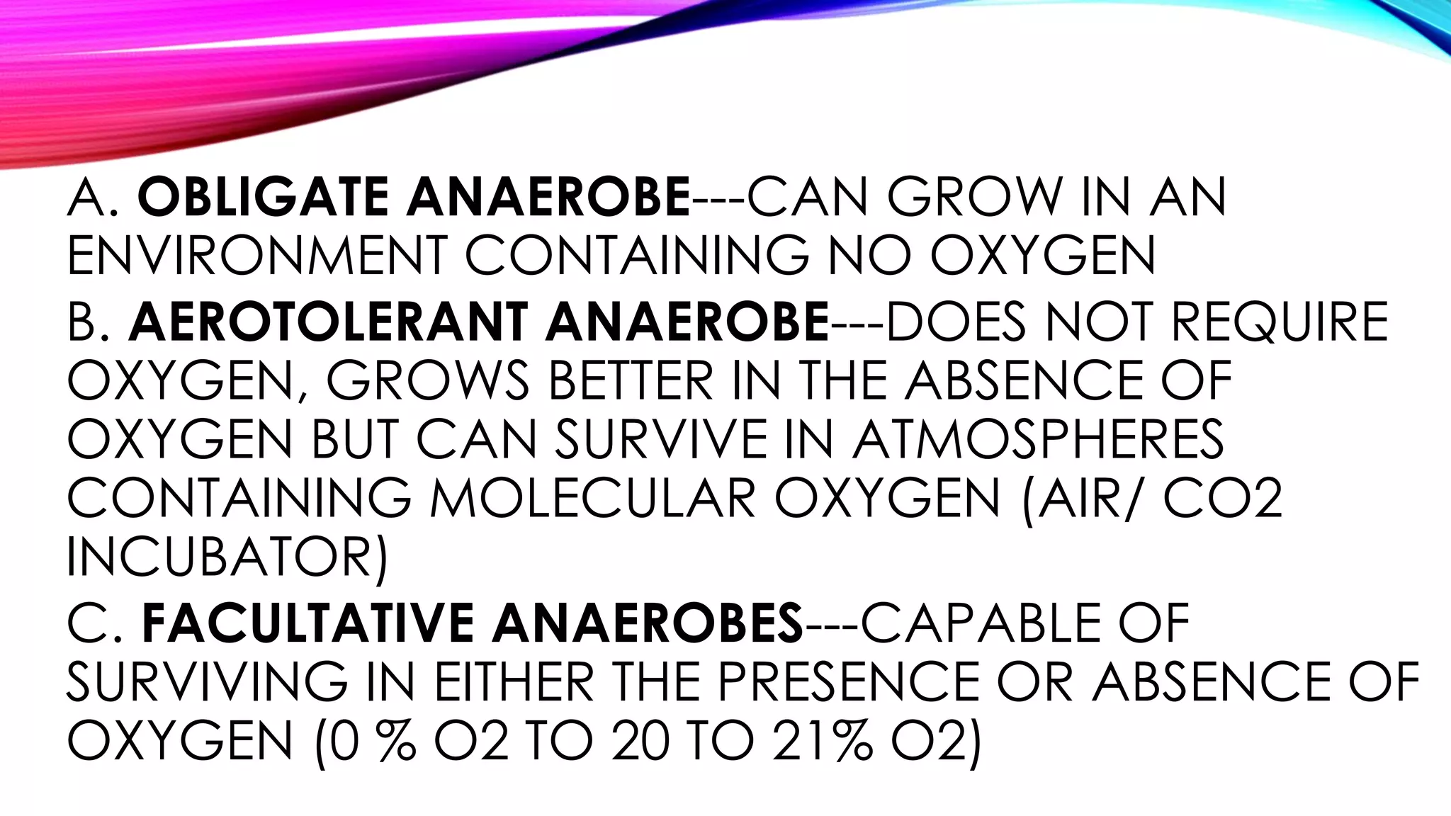 A. OBLIGATE ANAEROBE---CAN GROW IN AN
ENVIRONMENT CONTAINING NO OXYGEN
B. AEROTOLERANT ANAEROBE---DOES NOT REQUIRE
OXYGEN, GROWS BETTER IN THE ABSENCE OF
OXYGEN BUT CAN SURVIVE IN ATMOSPHERES
CONTAINING MOLECULAR OXYGEN (AIR/ CO2
INCUBATOR)
C. FACULTATIVE ANAEROBES---CAPABLE OF
SURVIVING IN EITHER THE PRESENCE OR ABSENCE OF
OXYGEN (0 % O2 TO 20 TO 21% O2)
 