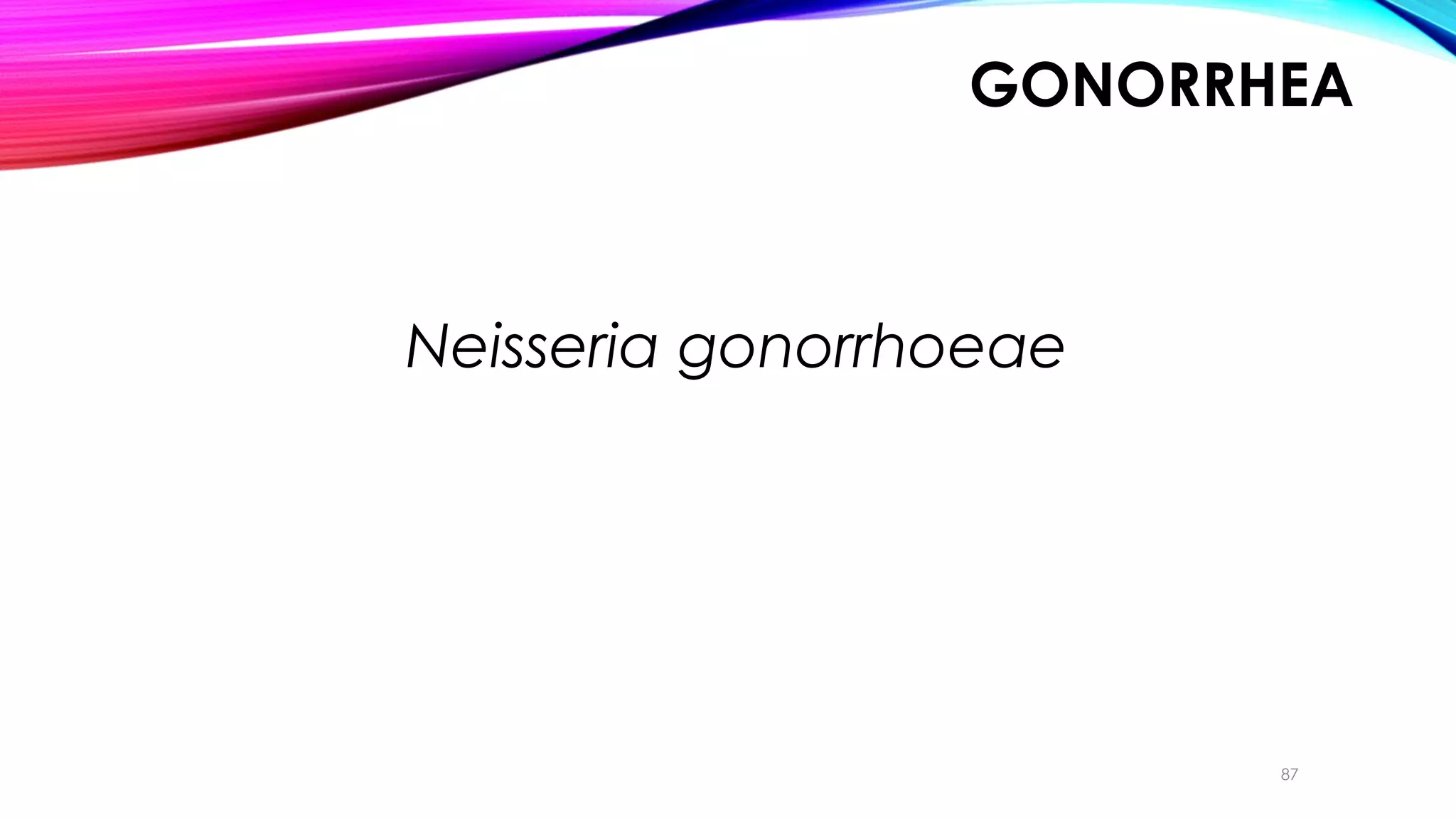 GONORRHEA
87
Neisseria gonorrhoeae
 
