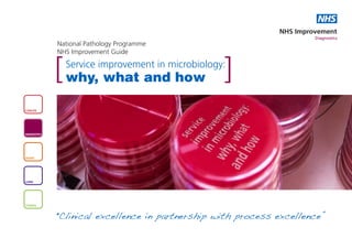 NHS
                                                              NHS Improvement
                                                                       Diagnostics
              National Pathology Programme
              NHS Improvement Guide


              [ why, what and how ]
                Service improvement in microbiology:



CANCER




DIAGNOSTICS




HEART




LUNG




STROKE



              Clinical excellence in partnership with process excellence”
              “
 