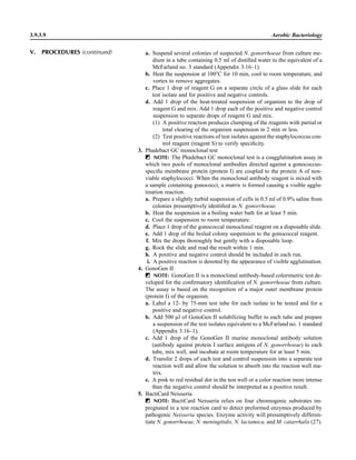 a. Suspend several colonies of suspected N. gonorrhoeae from culture me-
dium in a tube containing 0.5 ml of distilled water to the equivalent of a
McFarland no. 3 standard (Appendix 3.16–1).
b. Heat the suspension at 100ЊC for 10 min, cool to room temperature, and
vortex to remove aggregates.
c. Place 1 drop of reagent G on a separate circle of a glass slide for each
test isolate and for positive and negative controls.
d. Add 1 drop of the heat-treated suspension of organism to the drop of
reagent G and mix. Add 1 drop each of the positive and negative control
suspension to separate drops of reagent G and mix.
(1) A positive reaction produces clumping of the reagents with partial or
total clearing of the organism suspension in 2 min or less.
(2) Test positive reactions of test isolates against the staphylococcus con-
trol reagent (reagent S) to verify speciﬁcity.
3. Phadebact GC monoclonal test
ᮃ NOTE: The Phadebact GC monoclonal test is a coagglutination assay in
which two pools of monoclonal antibodies directed against a gonococcus-
speciﬁc membrane protein (protein I) are coupled to the protein A of non-
viable staphylococci. When the monoclonal antibody reagent is mixed with
a sample containing gonococci, a matrix is formed causing a visible agglu-
tination reaction.
a. Prepare a slightly turbid suspension of cells in 0.5 ml of 0.9% saline from
colonies presumptively identiﬁed as N. gonorrhoeae.
b. Heat the suspension in a boiling water bath for at least 5 min.
c. Cool the suspension to room temperature.
d. Place 1 drop of the gonococcal monoclonal reagent on a disposable slide.
e. Add 1 drop of the boiled colony suspension to the gonococcal reagent.
f. Mix the drops thoroughly but gently with a disposable loop.
g. Rock the slide and read the result within 1 min.
h. A positive and negative control should be included in each run.
i. A positive reaction is denoted by the appearance of visible agglutination.
4. GonoGen II
ᮃ NOTE: GonoGen II is a monoclonal antibody-based colorimetric test de-
veloped for the conﬁrmatory identiﬁcation of N. gonorrhoeae from culture.
The assay is based on the recognition of a major outer membrane protein
(protein I) of the organism.
a. Label a 12- by 75-mm test tube for each isolate to be tested and for a
positive and negative control.
b. Add 500 ll of GonoGen II solubilizing buffer to each tube and prepare
a suspension of the test isolates equivalent to a McFarland no. 1 standard
(Appendix 3.16–1).
c. Add 1 drop of the GonoGen II murine monoclonal antibody solution
(antibody against protein I surface antigens of N. gonorrhoeae) to each
tube, mix well, and incubate at room temperature for at least 5 min.
d. Transfer 2 drops of each test and control suspension into a separate test
reaction well and allow the solution to absorb into the reaction well ma-
trix.
e. A pink to red residual dot in the test well or a color reaction more intense
than the negative control should be interpreted as a positive result.
5. BactiCard Neisseria
ᮃ NOTE: BactiCard Neisseria relies on four chromogenic substrates im-
pregnated in a test reaction card to detect preformed enzymes produced by
pathogenic Neisseria species. Enzyme activity will presumptively differen-
tiate N. gonorrhoeae, N. meningitidis, N. lactamica, and M. catarrhalis (27).
3.9.3.9 Aerobic Bacteriology
V. PROCEDURES (continued)
 
