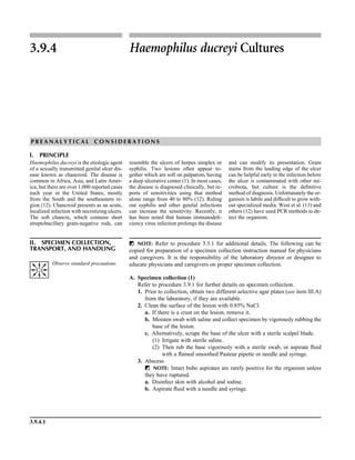 3.9.4.1
3.9.4 Haemophilus ducreyi Cultures
P R E A N A L Y T I C A L C O N S I D E R A T I O N S
I. PRINCIPLE
Haemophilus ducreyi is the etiologic agent
of a sexually transmitted genital ulcer dis-
ease known as chancroid. The disease is
common in Africa, Asia, and Latin Amer-
ica, but there are over 1,000 reported cases
each year in the United States, mostly
from the South and the southeastern re-
gion (12). Chancroid presents as an acute,
localized infection with necrotizing ulcers.
The soft chancre, which contains short
streptobacillary gram-negative rods, can
resemble the ulcers of herpes simplex or
syphilis. Two lesions often appear to-
gether which are soft on palpation, having
a deep ulcerative center (1). In most cases,
the disease is diagnosed clinically, but re-
ports of sensitivities using that method
alone range from 40 to 80% (12). Ruling
out syphilis and other genital infections
can increase the sensitivity. Recently, it
has been noted that human immunodeﬁ-
ciency virus infection prolongs the disease
and can modify its presentation. Gram
stains from the leading edge of the ulcer
can be helpful early in the infection before
the ulcer is contaminated with other mi-
crobiota, but culture is the deﬁnitive
method of diagnosis. Unfortunately the or-
ganism is labile and difﬁcult to grow with-
out specialized media. West et al. (13) and
others (12) have used PCR methods to de-
tect the organism.
II. SPECIMEN COLLECTION,
TRANSPORT, AND HANDLING
ᮃ NOTE: Refer to procedure 3.3.1 for additional details. The following can be
copied for preparation of a specimen collection instruction manual for physicians
and caregivers. It is the responsibility of the laboratory director or designee to
educate physicians and caregivers on proper specimen collection.
A. Specimen collection (1)
Refer to procedure 3.9.1 for further details on specimen collection.
1. Prior to collection, obtain two different selective agar plates (see item III.A)
from the laboratory, if they are available.
2. Clean the surface of the lesion with 0.85% NaCl.
a. If there is a crust on the lesion, remove it.
b. Moisten swab with saline and collect specimen by vigorously rubbing the
base of the lesion.
c. Alternatively, scrape the base of the ulcer with a sterile scalpel blade.
(1) Irrigate with sterile saline.
(2) Then rub the base vigorously with a sterile swab, or aspirate ﬂuid
with a ﬂamed smoothed Pasteur pipette or needle and syringe.
3. Abscess
ᮃ NOTE: Intact bubo aspirates are rarely positive for the organism unless
they have ruptured.
a. Disinfect skin with alcohol and iodine.
b. Aspirate ﬂuid with a needle and syringe.
Observe standard precautions.
 