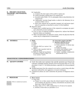 3.10.6 Aerobic Bacteriology
8. Canaliculitis
a. Compress the inner aspect of the eyelid to express pus.
b. Follow procedure outlined above for conjunctivitis.
c. Inoculate media (Table 3.10–2), and prepare slides as described above for
conjunctivitis.
d. Additionally, inoculate fungal media or submit to the laboratory for in-
oculation (Table 3.10–2).
e. Inject some material into an anaerobic transport vial, and process speci-
mens for anaerobes as described in section 4 of this handbook.
D. Rejection criteria
1. Request that a swabbed specimen of the conjunctiva accompany any speci-
men collected by invasive technique.
2. Even in cases of suspected unilateral conjunctivitis, indicate that bilateral
bacterial cultures are mandatory.
3. When inoculated plates are delayed in transit, notify the physician that the
culture may be compromised or contaminated.
II. SPECIMEN COLLECTION,
TRANSPORT, AND HANDLING
(continued)
III. MATERIALS A. Media
1. BAP
2. CHOC
3. MAC
4. Anaerobic BAP (see section 4 for
options)
5. THIO or other anaerobic broth for
anaerobic culture
6. Media for fungal and mycobacter-
ial cultures as listed in Table 3.10–
2 (see sections 7 and 8)
B. Gram stain reagents and slides
C. Specimen collection devices
1. Kimura platinum spatula
2. Cotton, polyester, or calcium algi-
nate swab
3. Needle and syringe
4. Aerobic swab transport system
5. Anaerobic transport system
6. Topical anesthetic—proparacaine
hydrochloride (0.5%)
A N A L Y T I C A L C O N S I D E R A T I O N S
IV. QUALITY CONTROL A. Verify that media meet expiration date and QC parameters per Clinical and
Laboratory Standards Institute (formerly NCCLS) document M22-A3 (2). See
procedures 14 and 3.3.1 for further procedures, especially for in-house-prepared
media.
B. Swabbed specimens from the conjunctiva are used as a control along with other
specimens collected by more aggressive or invasive techniques.
C. Conjunctival cultures are used to determine the presence of indigenous micro-
biota.
V. PROCEDURE A. Direct smears
1. Gram stain
a. Prepare two or three smears from the clinical material if glass slides do
not accompany the specimen. If cheesy concentrations are present, crush
them onto a slide for Gram stain.
b. Place slides in 95 or 100% methanol for 5 to 10 min to ﬁx material.
c. Perform a Gram stain (see procedure 3.2.1).
Observe standard precautions.
 