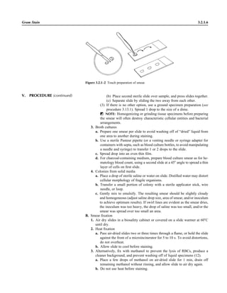 (b) Place second sterile slide over sample, and press slides together.
(c) Separate slide by sliding the two away from each other.
(3) If there is no other option, use a ground specimen preparation (see
procedure 3.13.1). Spread 1 drop to the size of a dime.
ᮃ NOTE: Homogenizing or grinding tissue specimens before preparing
the smear will often destroy characteristic cellular entities and bacterial
arrangements.
3. Broth cultures
a. Prepare one smear per slide to avoid washing off of “dried” liquid from
one area to another during staining.
b. Use a sterile Pasteur pipette (or a venting needle or syringe adapter for
containers with septa, such as blood culture bottles, to avoid manipulating
a needle and syringe) to transfer 1 or 2 drops to the slide.
c. Spread drop into an even thin ﬁlm.
d. For charcoal-containing medium, prepare blood culture smear as for he-
matology blood count, using a second slide at a 45Њ angle to spread a thin
layer of cells on ﬁrst slide.
4. Colonies from solid media
a. Place a drop of sterile saline or water on slide. Distilled water may distort
cellular morphology of fragile organisms.
b. Transfer a small portion of colony with a sterile applicator stick, wire
needle, or loop.
c. Gently mix to emulsify. The resulting smear should be slightly cloudy
and homogeneous (adjust saline drop size, area of smear, and/or inoculum
to achieve optimum results). If swirl lines are evident as the smear dries,
the inoculum was too heavy, the drop of saline was too small, and/or the
smear was spread over too small an area.
B. Smear ﬁxation
1. Air dry slides in a biosafety cabinet or covered on a slide warmer at 60ЊC
until dry.
2. Heat ﬁxation
a. Pass air-dried slides two or three times through a ﬂame, or hold the slide
against the front of a microincinerator for 5 to 10 s. To avoid distortions,
do not overheat.
b. Allow slide to cool before staining.
3. Alternatively, ﬁx with methanol to prevent the lysis of RBCs, produce a
cleaner background, and prevent washing off of liquid specimens (12).
a. Place a few drops of methanol on air-dried slide for 1 min, drain off
remaining methanol without rinsing, and allow slide to air dry again.
b. Do not use heat before staining.
Gram Stain 3.2.1.6
V. PROCEDURE (continued)
Figure 3.2.1–2 Touch preparation of smear.
 