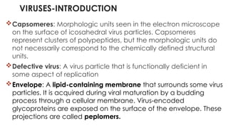VIRUSES-INTRODUCTION
Capsomeres: Morphologic units seen in the electron microscope
on the surface of icosahedral virus particles. Capsomeres
represent clusters of polypeptides, but the morphologic units do
not necessarily correspond to the chemically defined structural
units.
Defective virus: A virus particle that is functionally deficient in
some aspect of replication
Envelope: A lipid-containing membrane that surrounds some virus
particles. It is acquired during viral maturation by a budding
process through a cellular membrane. Virus-encoded
glycoproteins are exposed on the surface of the envelope. These
projections are called peplomers.
 