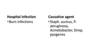 Hospital infection
•Burn infections
Causative agent
•Staph. aureus, P.
aeruginosa,
Acinetobacter, Strep.
pyogenes
 